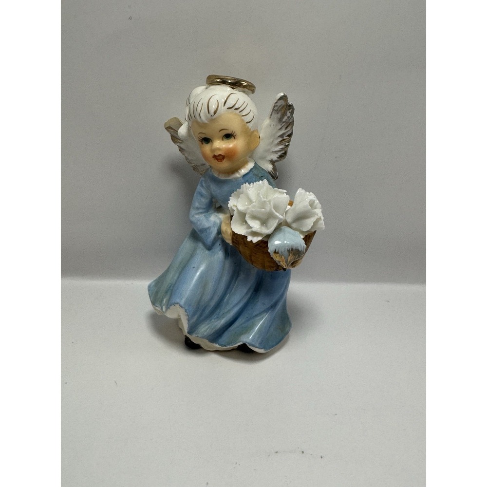Vintage Lefton Figurine Girl Angel Blue Dress Holding Flower Basket MCM Japan